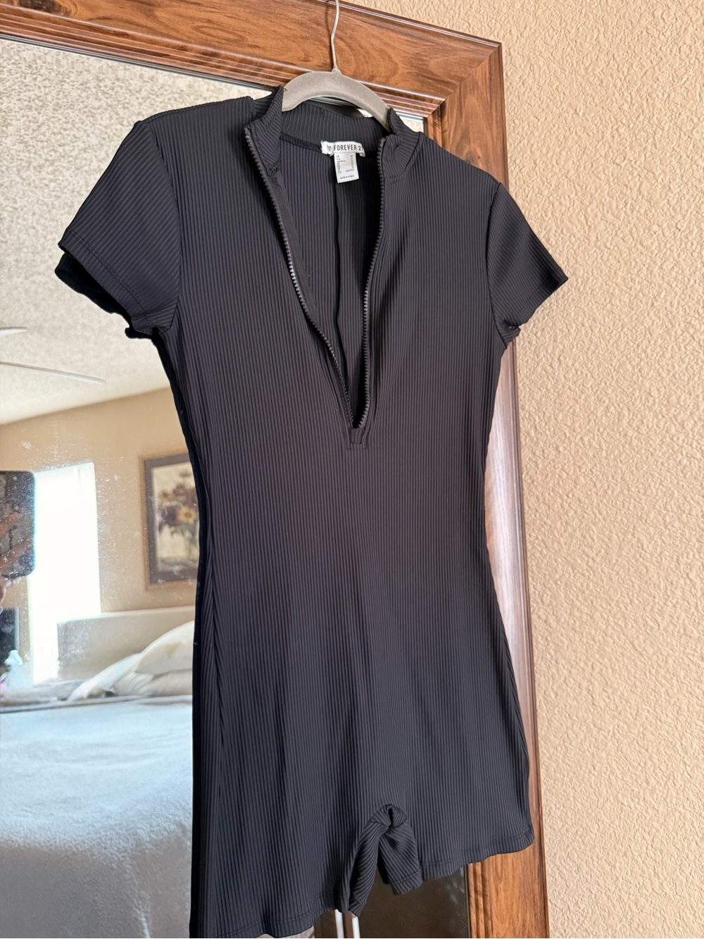Forever 21 Black Ribbed Zip-Front Short Romper